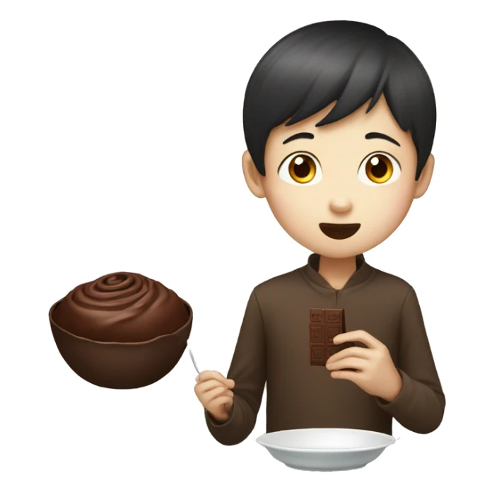 chinese boy with extremely thin and long eyes eating chocolate sticker