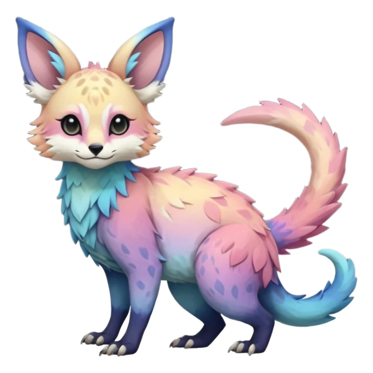 Feral Rare realistic edgy pretty beautiful handsome gorgeous pastel-gradient aesthetic colorful vibrant Vernid-Trico-species-Fakemon-creature by LiLaiRa, random markings, tufted ears, full body sticker