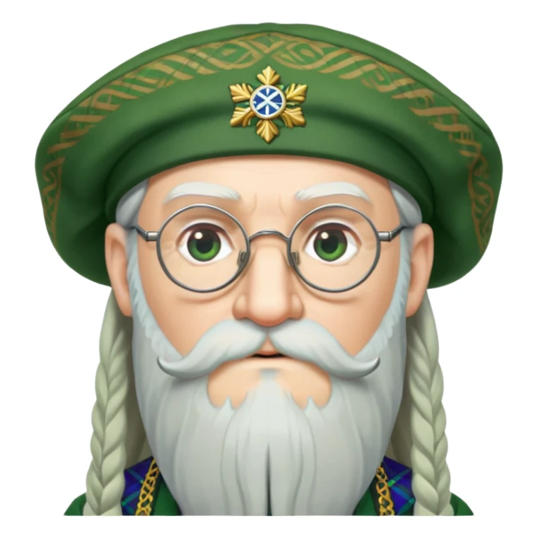 Dumbledore wear green scotland Tam o'shanter cap with decorative patterns, wear glasses, very long beard sticker