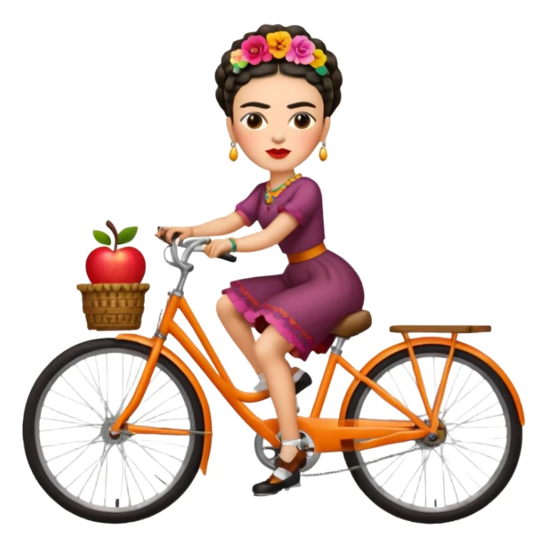 Frida Kahlo on a bicycle, whimsical, vivid palette, apple emoji style sticker