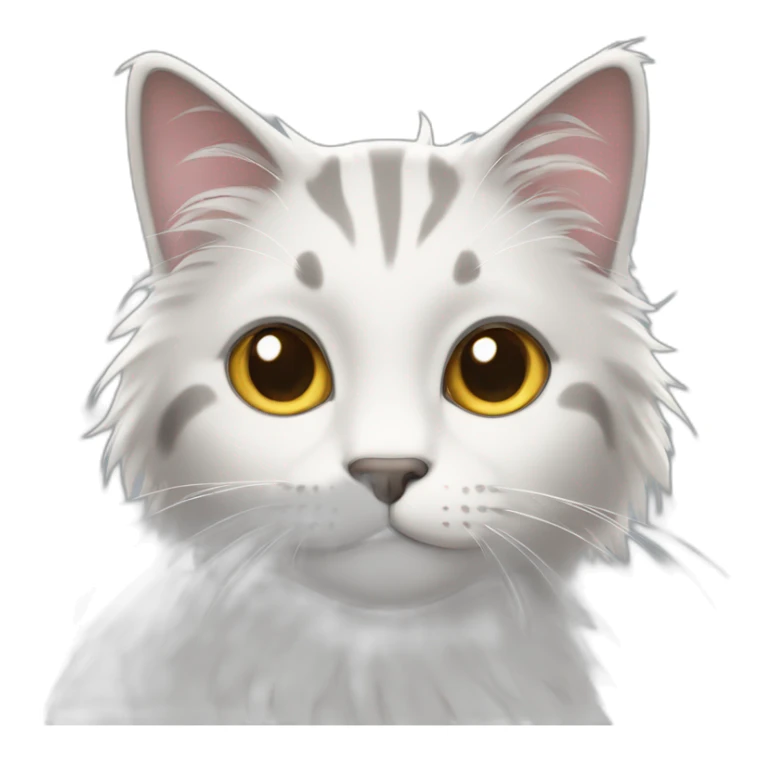 A cat with fluffy White and some Grey hair full in screen and some tiny ears sticker