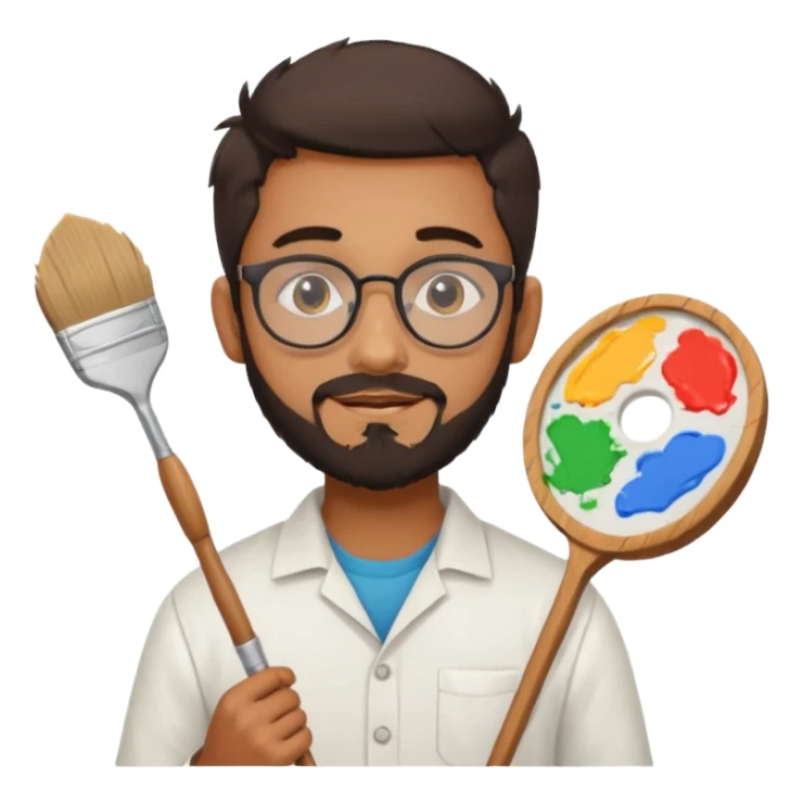 generate an ios genmoji of a 20 year old tan indian boy with rounded spectacles and a whaler beard, carrying a paintbrush and palette sticker