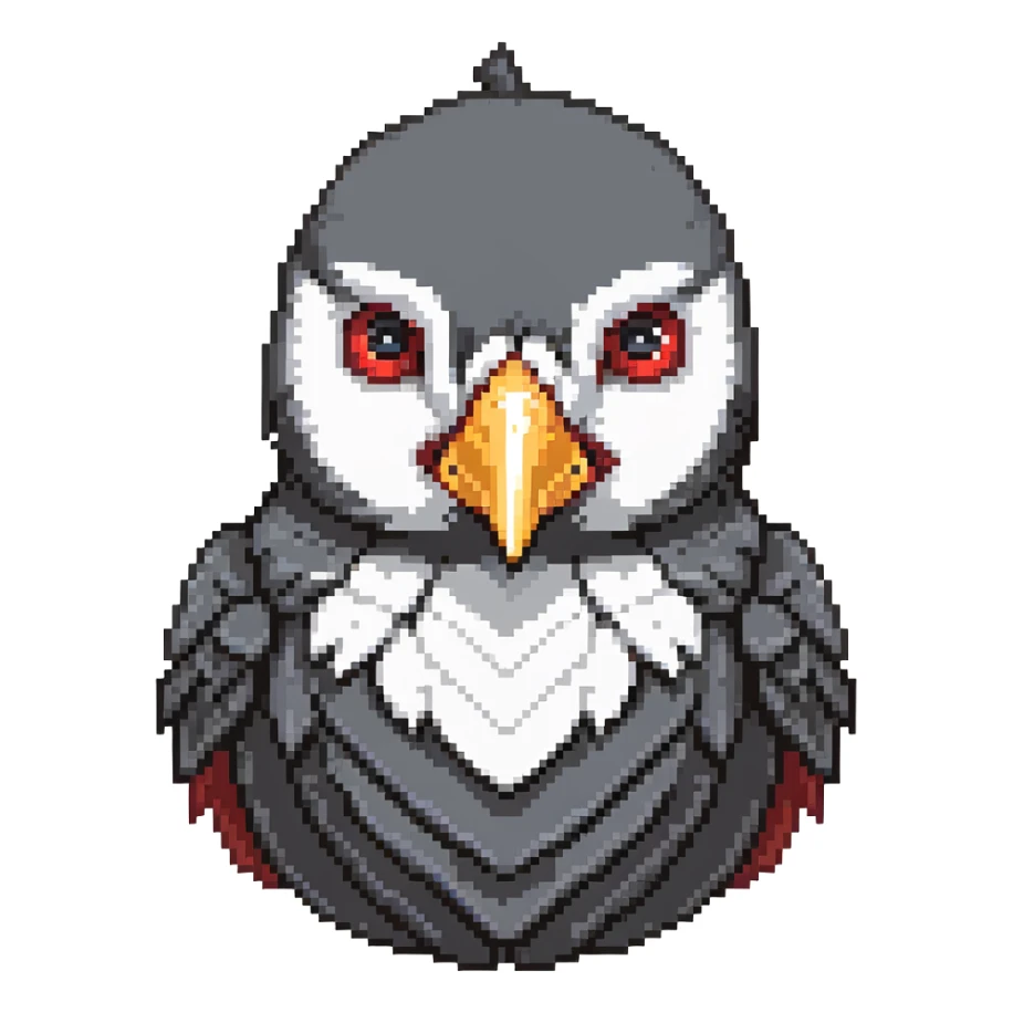 detailed gray crow head, reddened cheeks, big white eyes with determined look, short pointed beak sticker