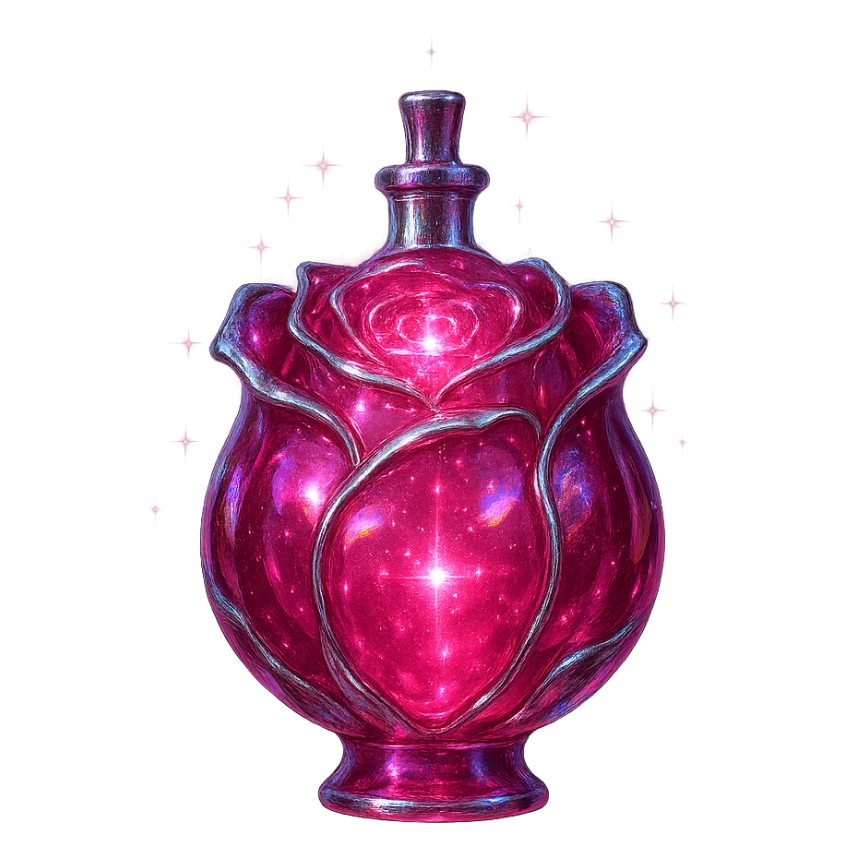 rose-shaped luxurious elixir bottle, deep pink color, iridescent and silver details, maximum intense magical glowing and sparkling effects, very small neck, seamless bottom, transparent background, floating, no base or shadow, modern, matching a collection sticker