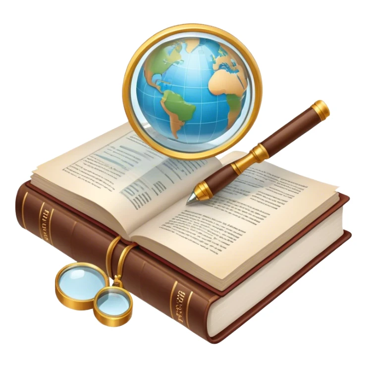 Icon for Non-Fiction Reading: an open book with pages filled with factual text, surrounded by a magnifying glass, a globe, and a stack of reports. The icon should convey the investigative and informative nature of documentary and non-fiction literature. Transparent background. sticker