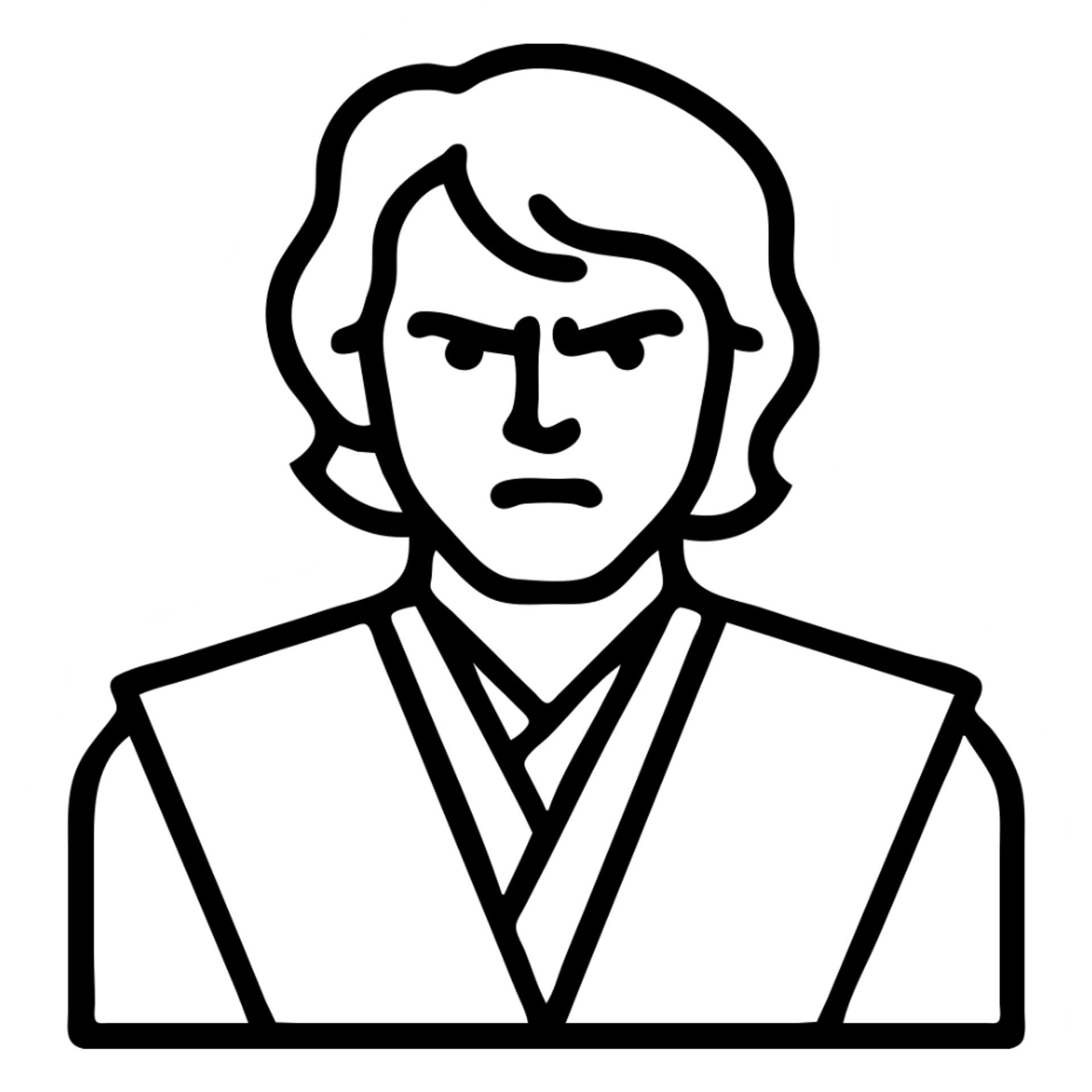 Anakin Skywalker from Revenge of the Sith as a modern outlined icon, emphasizing his intense expression, Jedi robes, and signature hairstyle, with clean black lines sticker