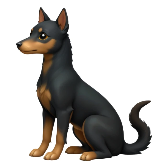 cinematic-[kelpie]-realistic-full-body-sitting-emoji,-tail-resting-loosely-beside-its-paws,-head-tilted-dramatically, -sleek-[Black and tan]-fur,-simplified-yet-realistic-focused-features,-highly-detailed,-glowing-with-an-almost-sarcastic-glow sticker