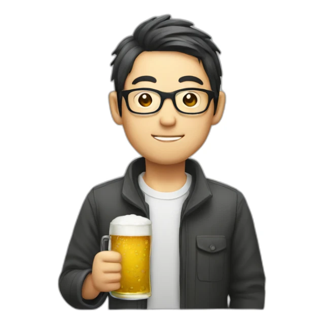 Japanese man wearing glasses holding beer sticker
