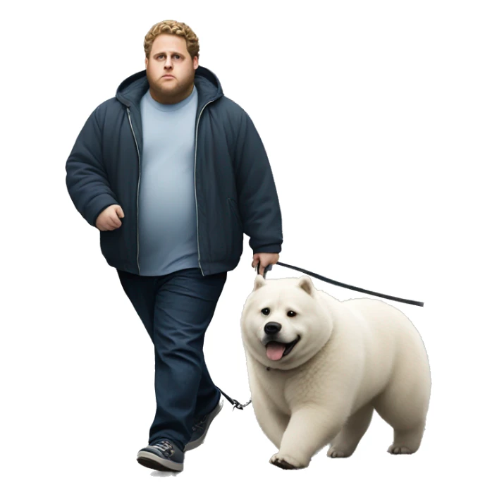 Fat jonah hill walking a white bear dog on a leash  sticker