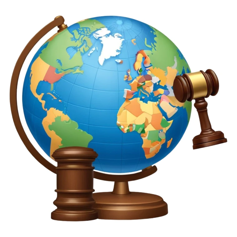 An icon featuring a globe with a gavel and a political map, symbolizing political science. The design includes a ballot box and a podium, representing democracy and governance. Transparent background highlights the study of political systems and global relations. sticker