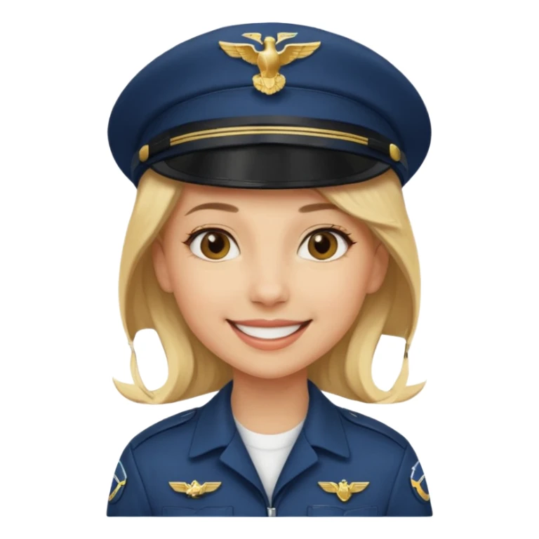 A female pilot with light skin and blonde hair under her cap sticker