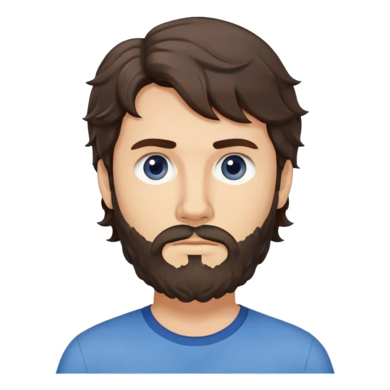 Caucasian man with wavy dark brown hair styled loose with wavy fringe, medium-length wavy hair, short full beard, neutral serious expression, simple blue shirt sticker