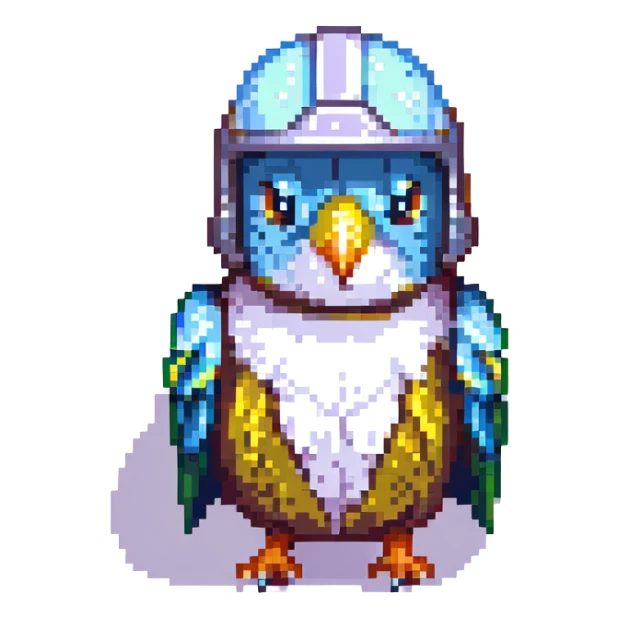 pixel art budgie with a shiny helmet, vibrant colors sticker