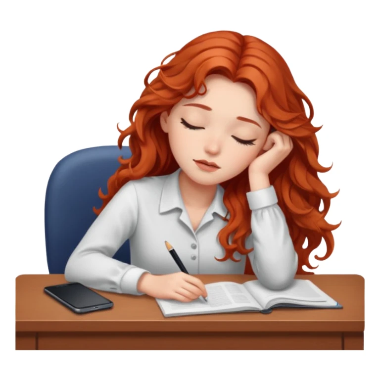 Pretty white model, brown eyes, soft long red wavy hair, falling asleep at desk sticker