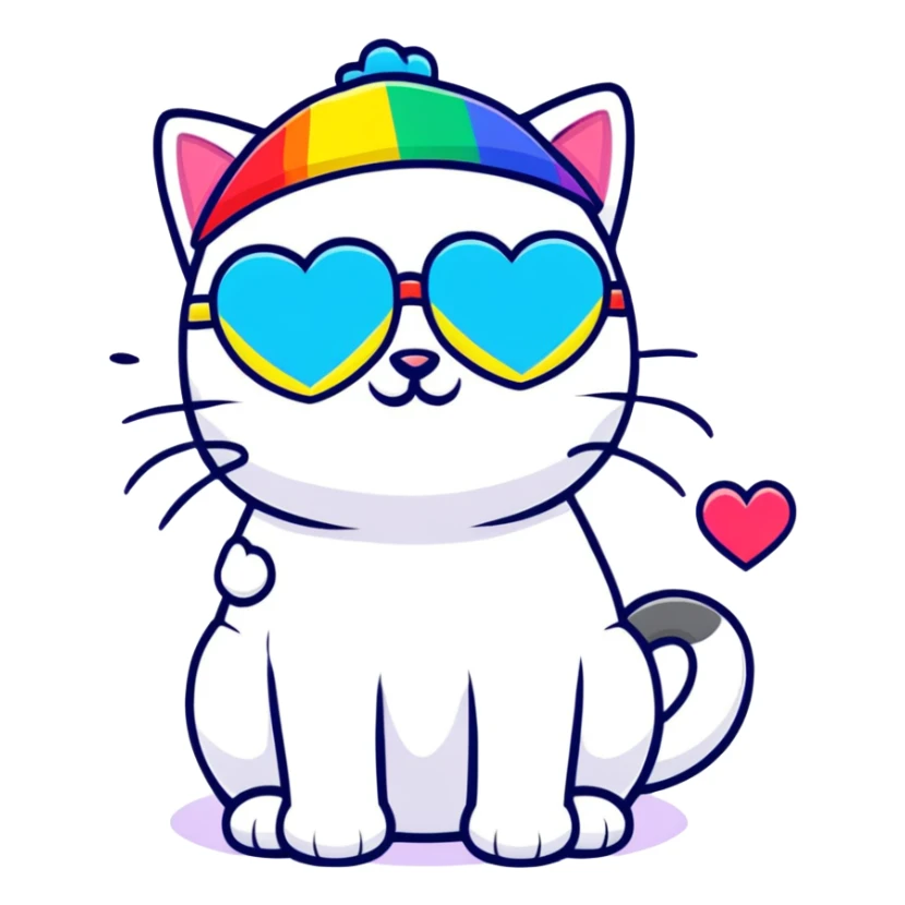 cat wearing a rainbow beanie and heart-shaped sunglasses sticker