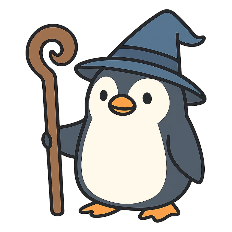 flat toon style wizard penguin with a staff sticker