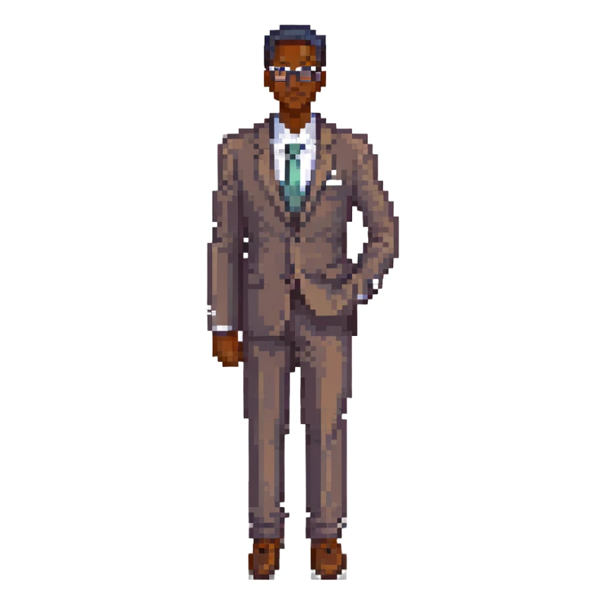A dark-skinned man in a suit with glasses, full-length sticker