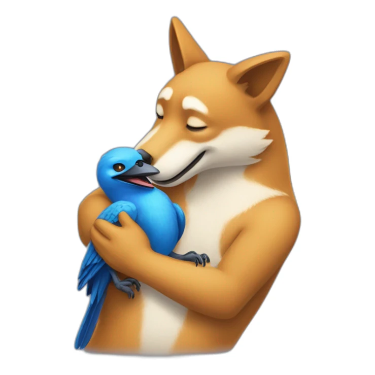 Anthropomorphic dingo giving an anthropomorphic blue bird a hug sticker