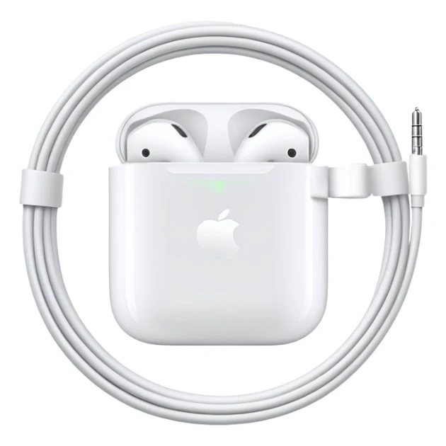 Just white wired Apple EarPods coiled in a circle, no case whatsoever, only the earbuds with the cord wrapped into a neat circle, minimalist iOS style, showing the earbuds and wire only sticker