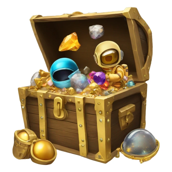 Open Treasure chest with astronaut helmets, gold,gems and some space themed items inside sticker