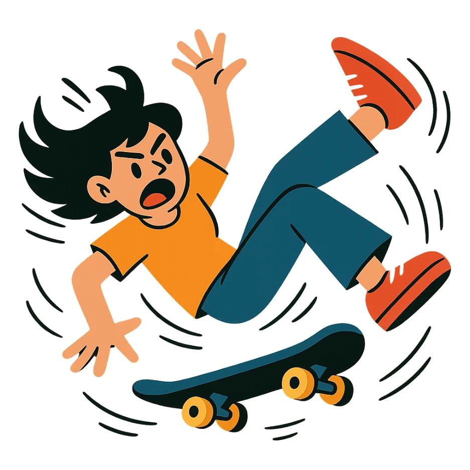 black-haired girl tumbling off a skateboard, dramatic motion, comic style, exaggerated movement sticker