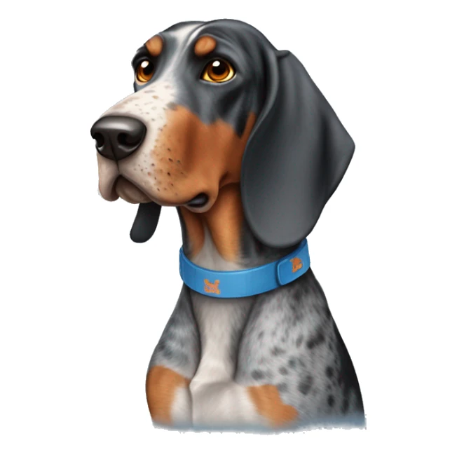 Blue tick coonhound wearing university Tennessee orange sticker