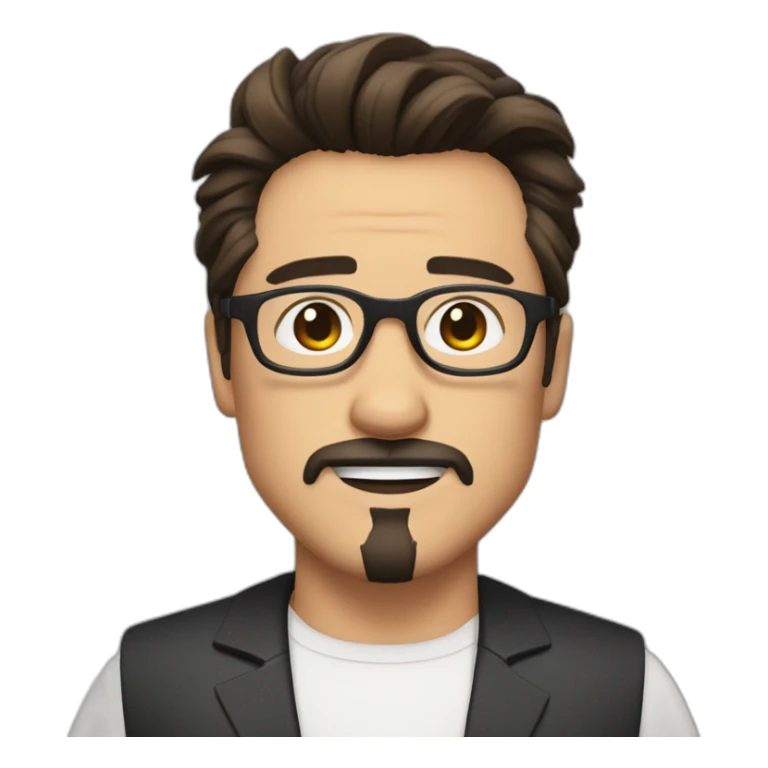 Man with black round frame glasses with Tony Stark hair style wearing white shirt with no moustache and beard sticker