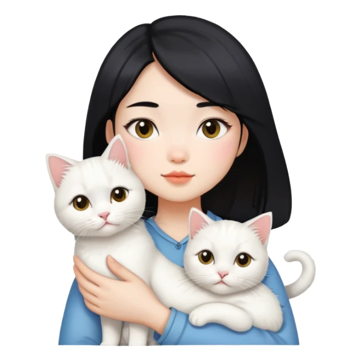 Short black hair Chinese girl holding two white longhair cat sticker