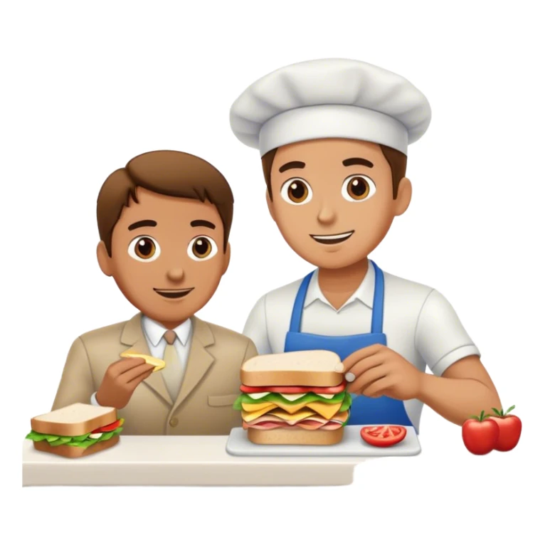 Man making a sandwich on a counter in front of a customer  sticker