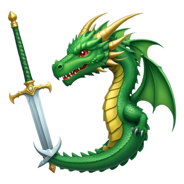 big sword next to green dragon head, symbolizing readiness and challenge, clean, bold, easily recognizable, WhatsApp emoji style, transparent background sticker