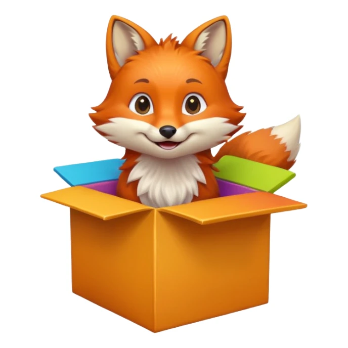 smiling fox peeking out of a colorful box, looking up, emoji style sticker