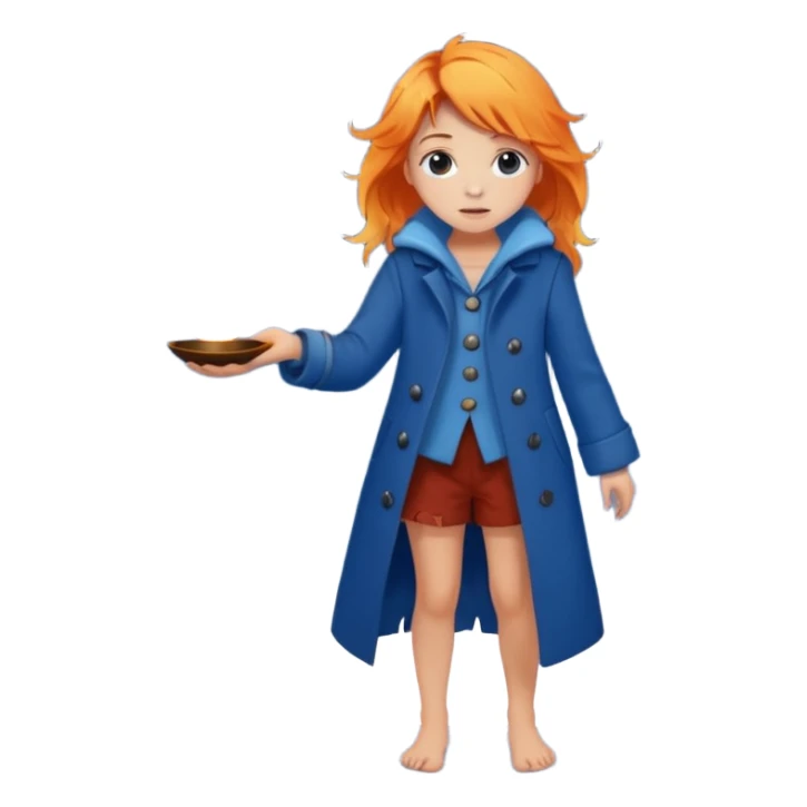 A barefoot girl in a tattered blue coat, cupping a tiny flame gently while snowflakes fall on her hair.
 sticker