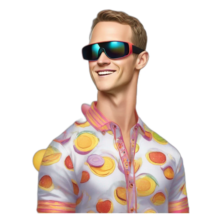 Fancy disco Jonathan Toews wearing rainbow lace shirt and wearing VR glasses and eating a moon pie sticker