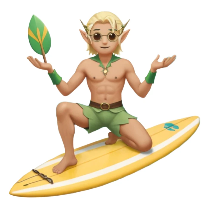 elf male legolas sitting on surfboard (ashore), hands manipulating two orbs of swirling seawater giving a "massage" to his own shoulders, wearing relaxed linen shorts over swimwear, tinted elven sunglasses, pointy ears, content expression, centered emoji sticker