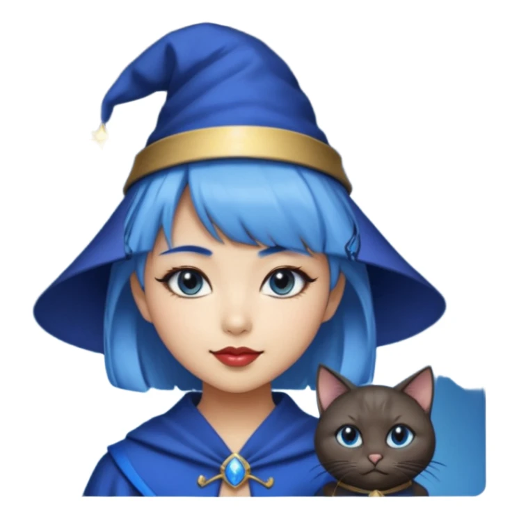 an asian short haired girl with electric blue highlighted short hair with bangs, with her silver left eye and dark brown right eye, with black cat eyed style eyeliner, and smirk of natural toned lipstick, with wizard hat with moon emblem on his hat. sticker