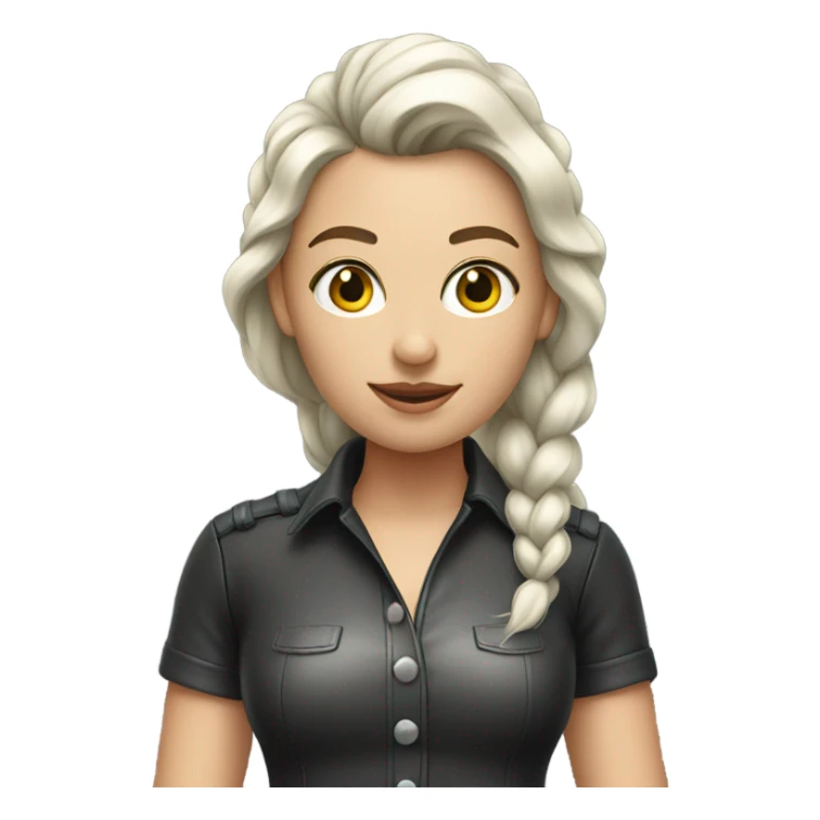 Young white woman with silver braid wearing a leather shirt sticker