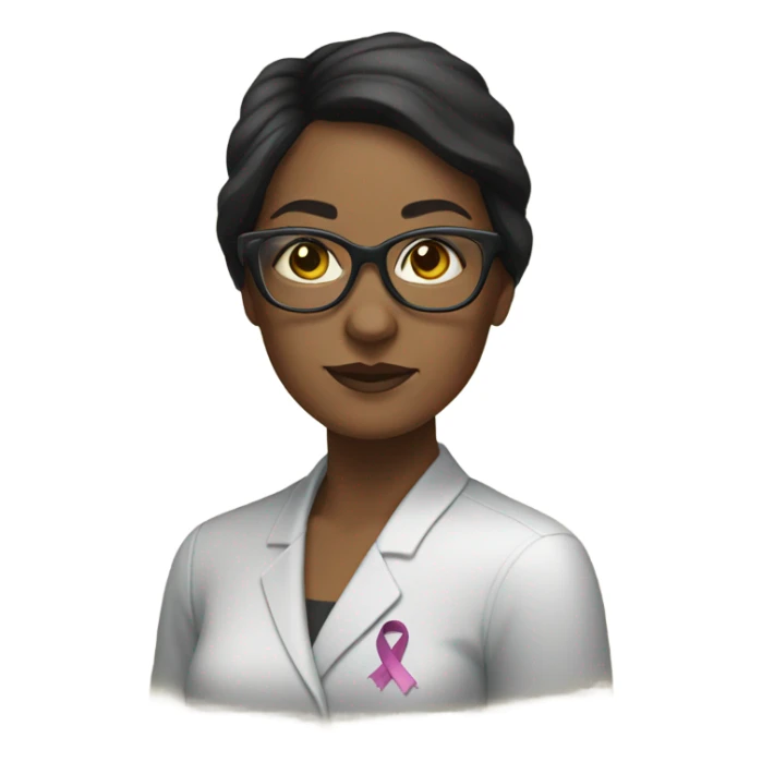 Dark haired woman with glasses and a cancer ribbon sticker