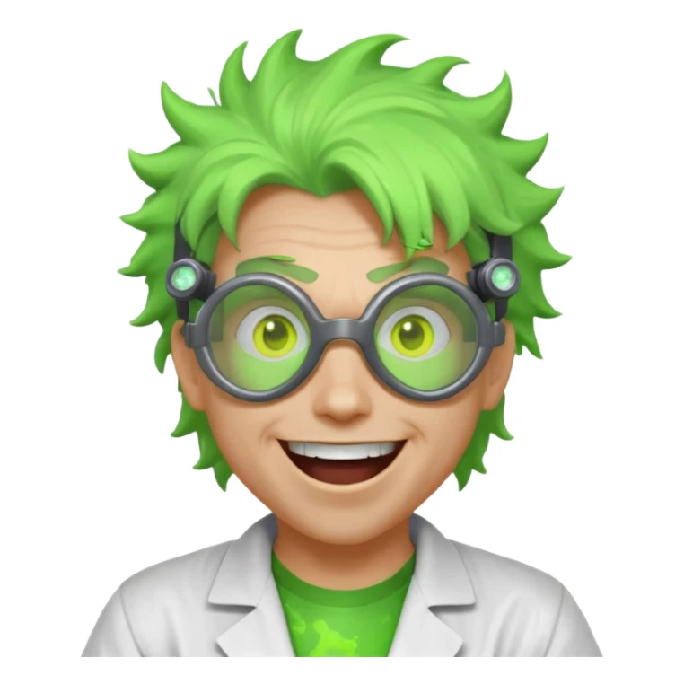 mad nuclear scientist portrait, head and shoulders only, messy hair, cracked goggles, glowing radioactive green light, excited crazy smile, 3D cartoon, mobile game icon style, clean background, no text, no watermark
 sticker