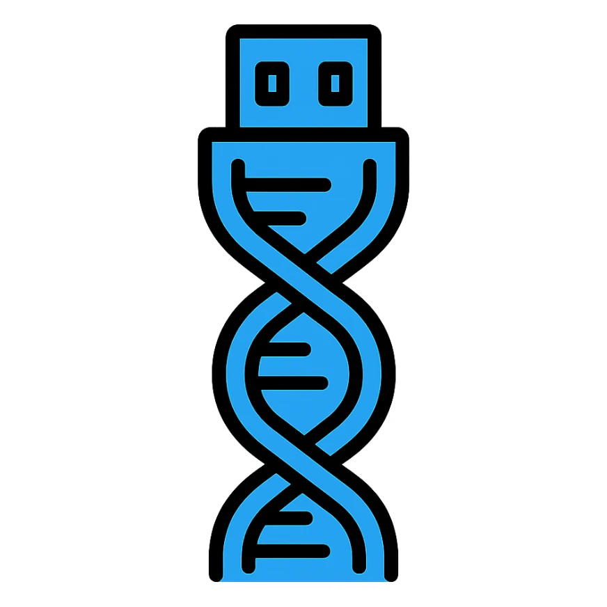 Make the DNA/USB logo icon blue, keep cybernetic and tech-inspired look in color outline style. sticker