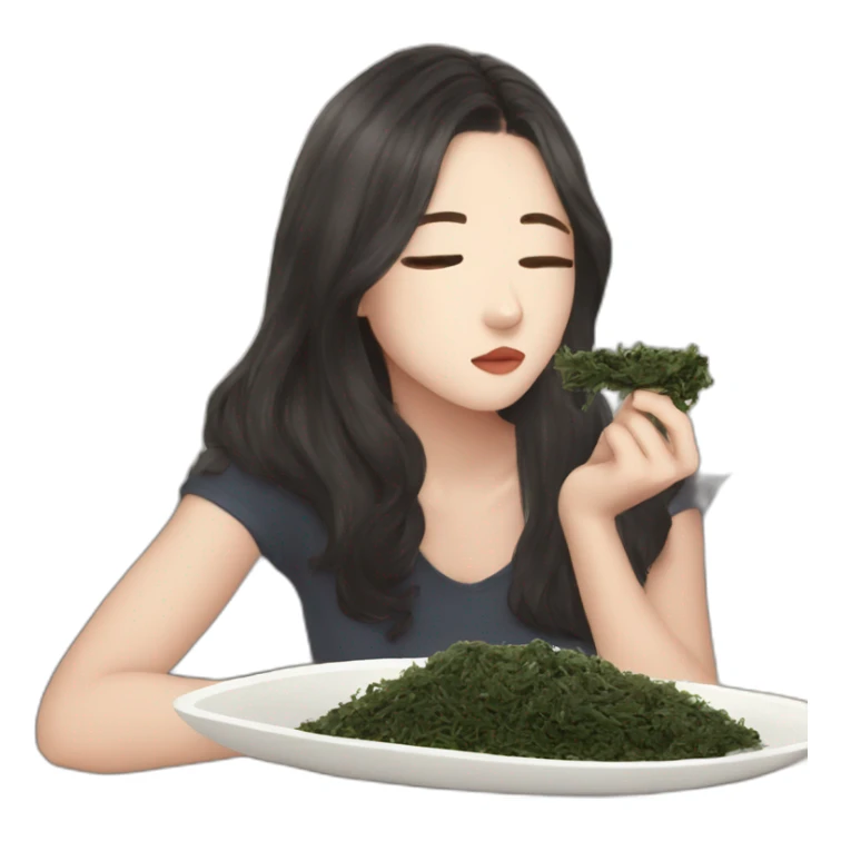 Girl watching television about kpop while eating toasted seaweed sticker