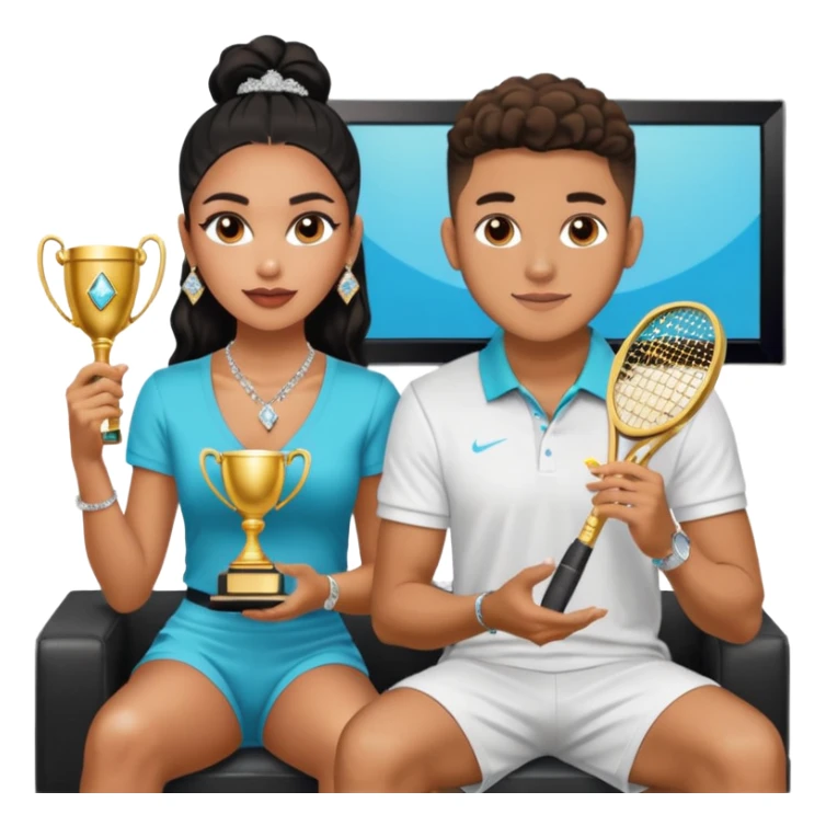 Internet celebrity Josh King Madrid jetset wearing shiny diamond earrings and sparkly iced out diamond tennis necklace chains with Instagram model girl tefi valenzuela sitting with him holding gold internet celebrity trophy on tv show in Miami sticker