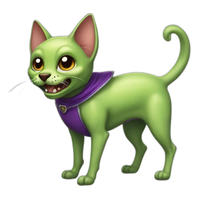 cartoon alien cat-dog with big fangs and a cape and without ears sticker