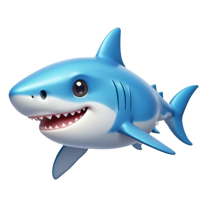 Cinematic Cute Shark Portrait Emoji, Head tilted playfully and inquisitively, featuring a glossy, streamlined body with a subtle shimmering hue and round, sparkling eyes filled with curious charm, Simplified yet irresistibly adorable features, highly detailed, glowing with a warm, friendly glow, high shine, affectionate and sleek, stylized with a touch of marine whimsy, bright and endearing, soft glowing outline, capturing the essence of a mischievous yet loving shark, so playful it feels like it could swim out of the screen into your arms! sticker