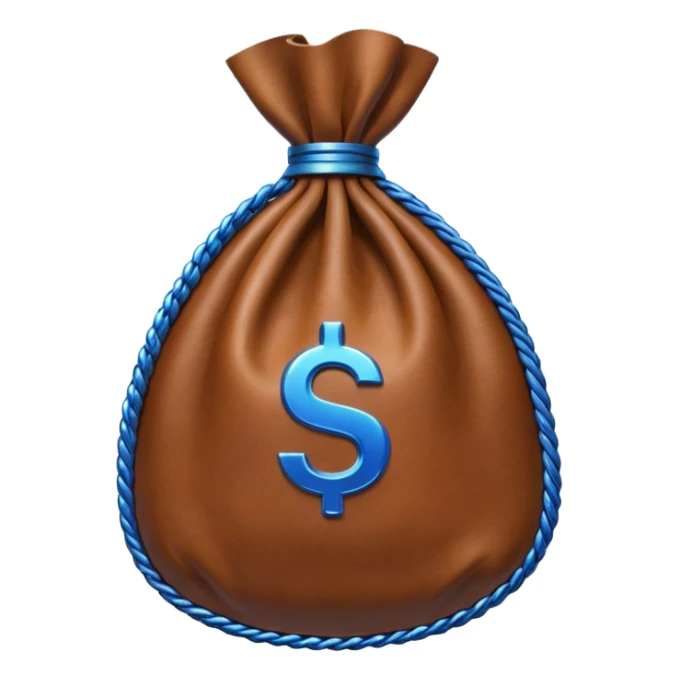 brown money bag with a blue coin  sticker