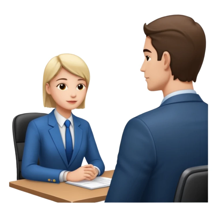 une image de 3/4 avec un recruteur à son bureau PAS DE FACE DE 3/4! qui regade un candidat assis en face de lui sticker