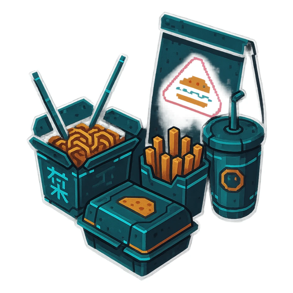 cyberpunk futuristic, 3d isometric, item image, video game item, inventory icon, the image depicts a small box of takeout, takeaway, chinese takeout food, delivery food. futuristic drive-through sandwich boxes, fries, bag and drink. dystopian. pixelated retro video game graphics sticker