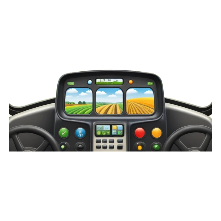 a view from the tractor cabin, with the dashboard in focus, overlooking a vibrant rural landscape. Inspired by Farming Simulator 22, the scene includes fields, crops, and distant barns under a bright sky. The design highlights the immersive experience of farm management. transparent background sticker