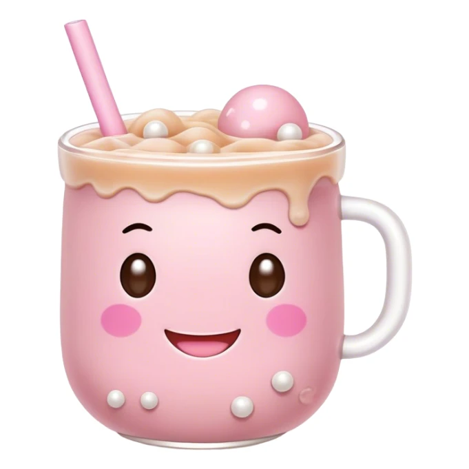 Cute Kawaii Boba Tea Cup, with a happy smiling face, chubby round shape, pastel pink and brown colors, soft glowing highlights, adorable tapioca pearls floating inside, sparkling eyes full of joy! sticker