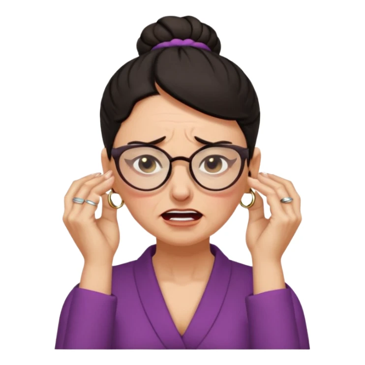  middle aged woman with dark hair pulled up in a high bun, wearing round ring earrings and glasses, expression extreme pain on her face, covering her ears with her hands very painful expression on her face, eyes squeezed shut, wincing in pain covering her ears with her hands sticker