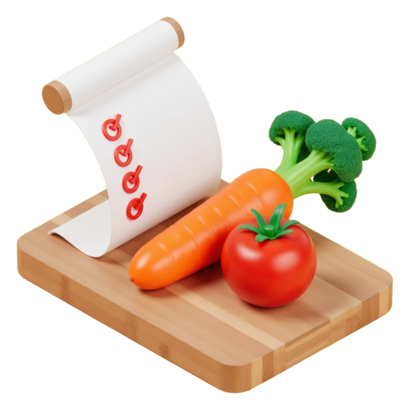 carrot tomato brocoli on the wooden cutting board with floating rolled paper list with checkbox sticker